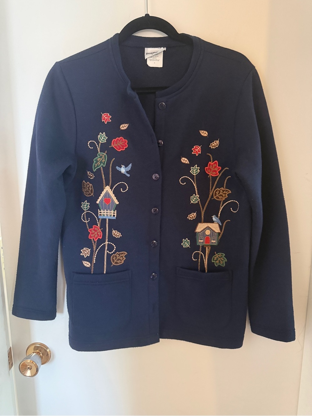 BonWorth Navy Embroidered Birdhouse Cardigan Small Cottagecore Fall